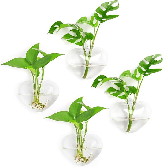 XXXFLOWER Wall Hanging Glass Terrariums，Clear Planters Propagation Station Glass Flower Vase,Air Plant Terrariums for Hydroponic Plants,Home Office Decor,Gifts,Heart-Shaped Set of 4