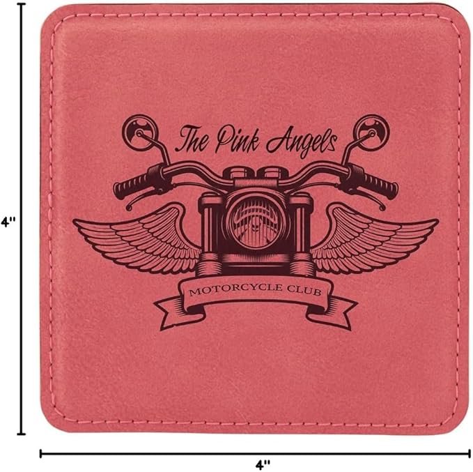 Custom Engraved Coasters | Personalized Leather Coaster | Set of 6 | Drink Coasters with Holder | Laser Engraved | Tabletop Protection | Gift for Couples (Square 4" x 4", Pink w/Black)