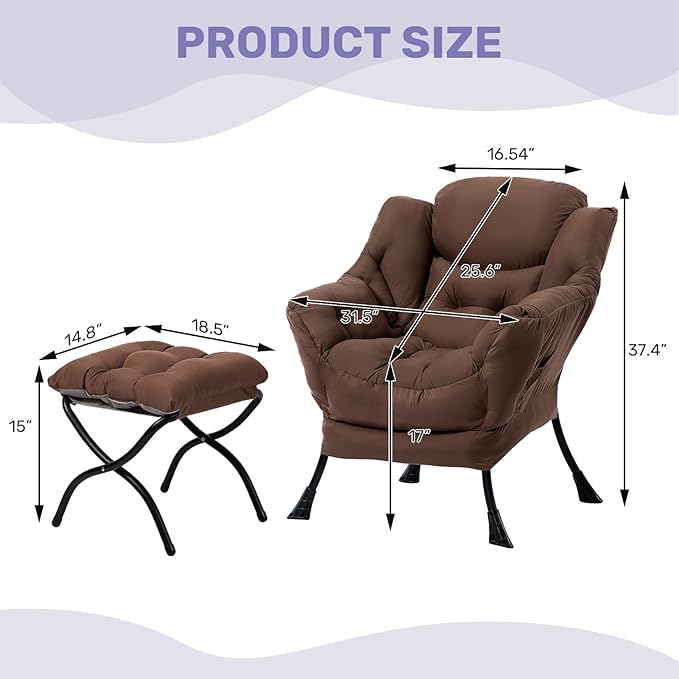 HollyHOME Fabric Lazy Chair with Foldable Ottoman, Accent Comfy Lounge Arm Chair and Folding Footrest Stool Set, Leisure Sofa Reading Chair and Footstool for Living Room, Bedroom, Dorm, Coffee Brown