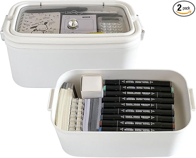 2 Pack Plastic Pencil Box with Lid, Plastic Large Home Office Supplies Storage Container for Desk, Marker Pen, Cards, Medicine, Crayons, School Stationery, White Art and Crafts Organizer
