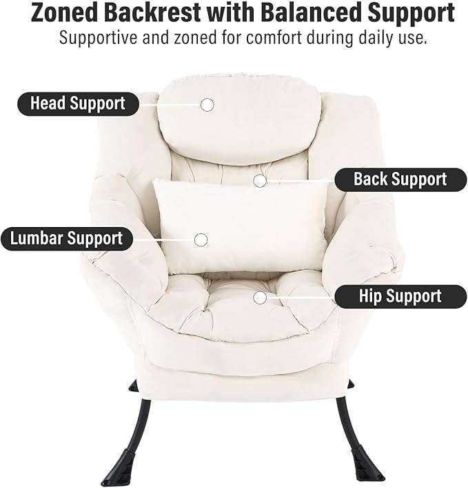 Lazy Chair with Ottoman, Modern Accent Chair with Lumbar Pillow, Comfy Chairs with Folding Footrest for Bedroom, Reading, Oversized Supportive Lounge Chairs(Velvet Beige)