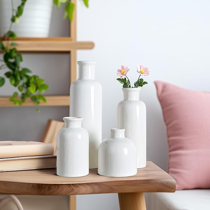 White Ceramic Vase Set, 10 Inch Farmhouse Decor Vase, Home Decorative Vases for Home Decor, Kitchen, Bedroom, Office, Living Room, Bathroom, Ideal Housewarming Gift (Modern White)