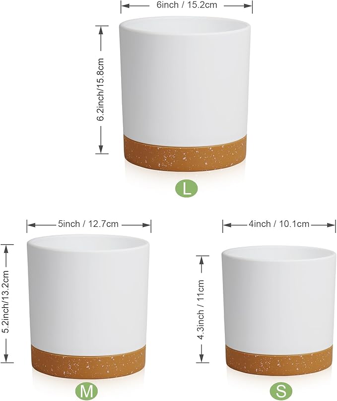 3 Pack 6/5/4 inch Cylindrical Flower Pots, Modern Small Round Plastic Plant Pots with Drainage Holes & Saucers, Clean and Refined Planter Pots for Outdoor, Indoor & Office Decor (White Brown)