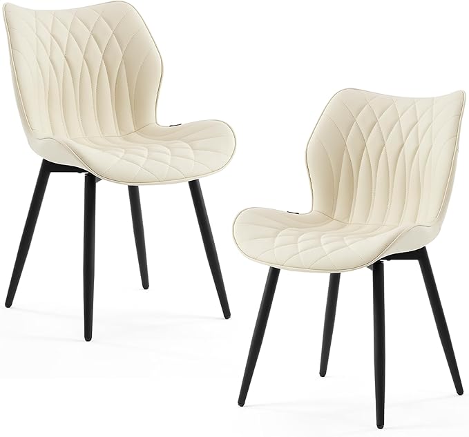 Kidol & Shellder Modern Dining Chairs Set of 2 Comfy Dining Room Chairs with Thick Cushions PU Leather Upholstered Kitchen Side Chairs with Metal Legs Beige