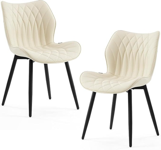 Kidol & Shellder Modern Dining Chairs Set of 2 Comfy Dining Room Chairs with Thick Cushions PU Leather Upholstered Kitchen Side Chairs with Metal Legs Beige