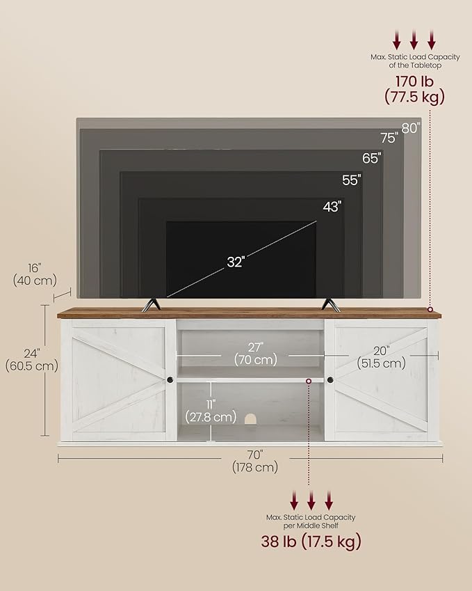 VASAGLE Farmhouse TV Stand for TVs up to 80 Inches, Entertainment Center with Storage Cabinets and Sliding Barn Doors, Media Console Table for Living Room, Rustic White and Honey Brown ULTV537W01