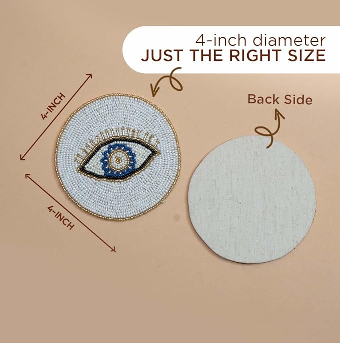 Folkulture Beaded Coasters for Drinks | Set of 4 (4") Round Decorative Bar Coaster for Table Décorations or Coffee Table | Cute Boho Coasters | Set of 4 Evil Eye Decor Gifts for Her