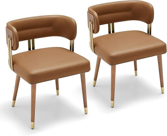 Modern Mid-Century Upholstered Leather Dining Chairs Set of 2 with Thick High-Resilience Foam, Walnut Wood Veneer,Dining Chairs with Anti-Slip Pads,Light Brown