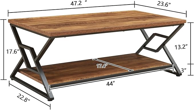 HOMISSUE Coffee Table, Rustic Rectangle Coffee Table with 2-Tier Storage, Engineered Wood Center Table with Open Shelves, Minimalist Coffee Table for Living Room, 47 Inch, Oak Brown
