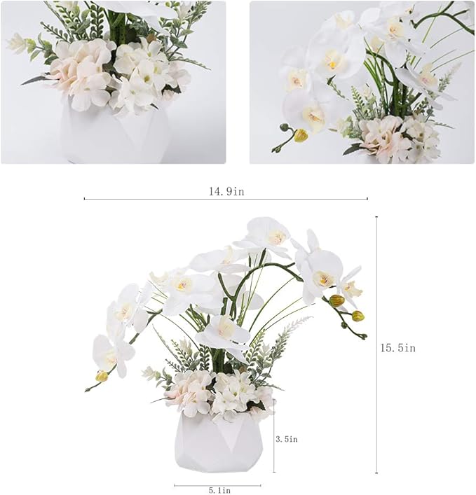 LESING Artificial Potted Orchid Flower for Table Centerpieces,Real Touch White Fake Orchid Flowers in Vase for Home Decoration ﻿(Style 2,White Vase)