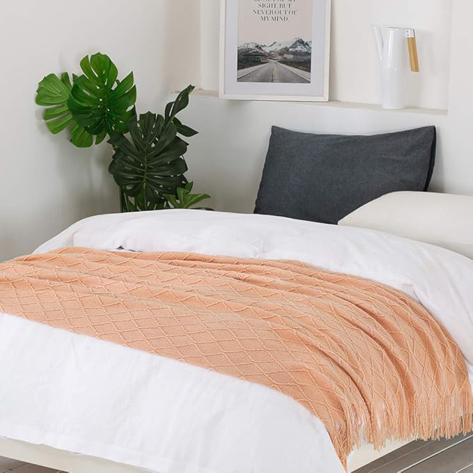 BOURINA Orange Throw Blanket 60x80 Inches Throw Textured Solid Soft Sofa Throw Couch Knitted Decorative Blanket