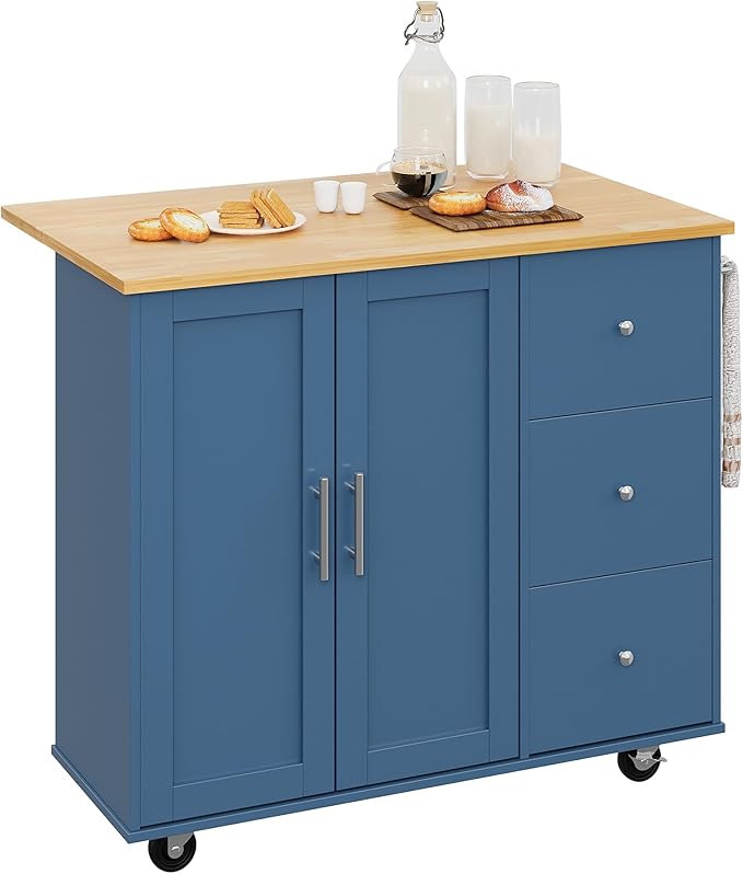 Shintenchi Rolling Kitchen Island Cart with Folding Drop Leaf Breakfast Bar, Portable Trolley Island with Large Storage Cabinet, Shelf and Drawer, Blue