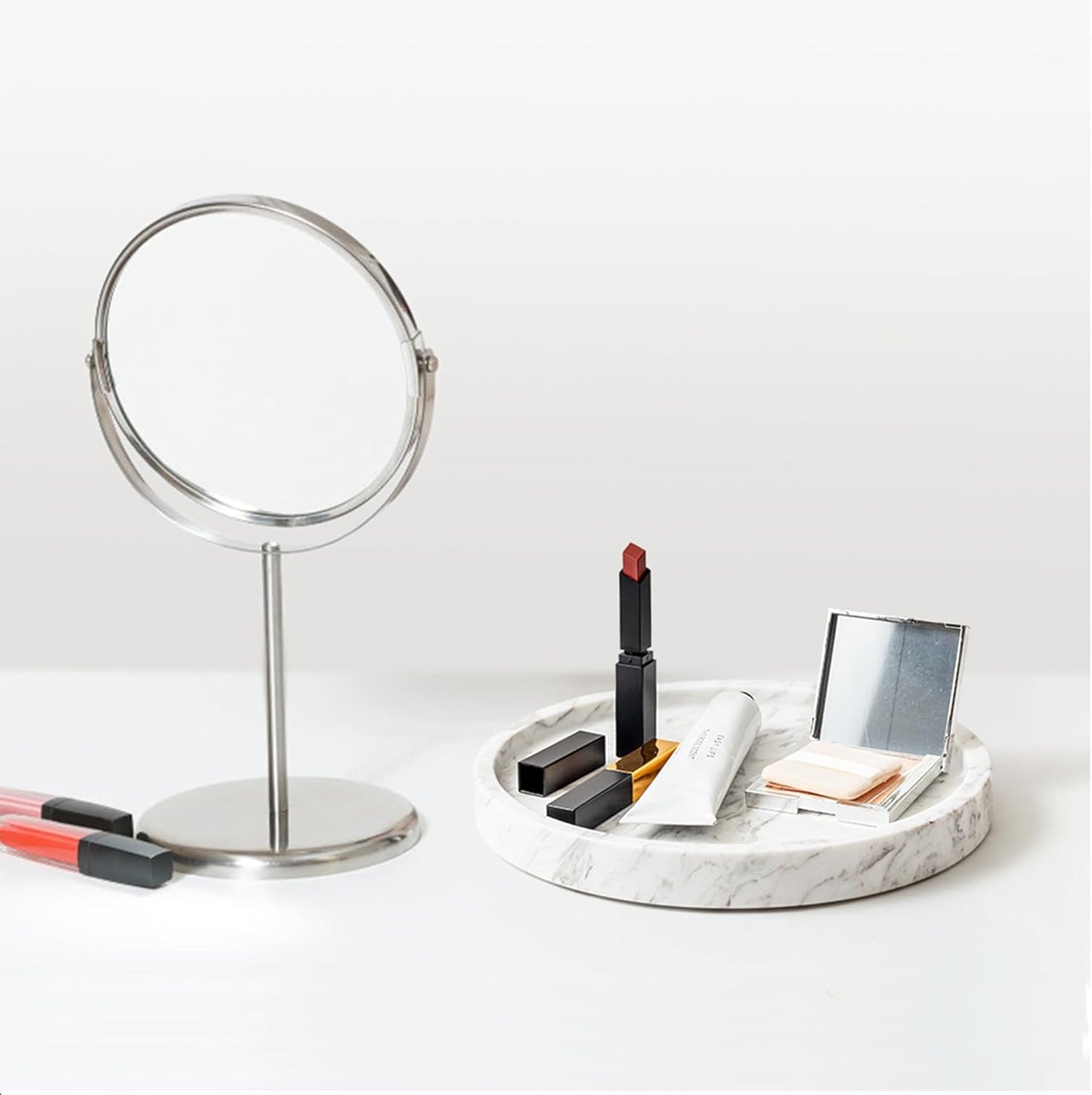 WORHE Natural Marble Decorative Tray for Bathroom Bedroom Kitchen Dresser, Round Vanity Trays for Jewelry, Perfume, Cosmetic, Candle, Countertop Storage Organizer for Home Decor Color White (TP601)