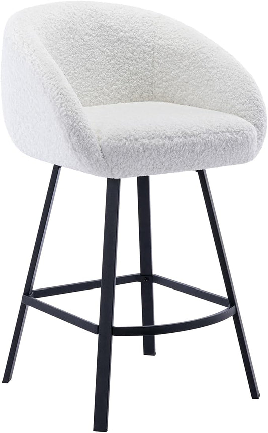 Zesthouse Swivel Counter Height Stool, Modern Single Bar Stool for Kitchen Island, 26'' White Sherpa Kitchen Counter Height Chair with Barrel Arms & Back, Upholstered Fabric Bar Chairs with Metal Legs