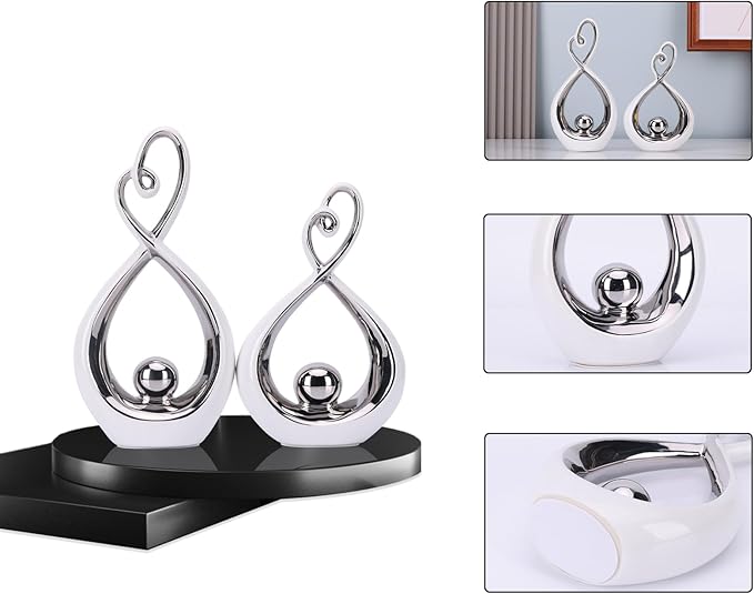 Silver Decor Accent, Porcelain Art Mid Century Modern Silver and Gold Decorations, Dining Table Objects, Abstract Ceramic Statue Sculpture - for Bookshelf Tv Stand Centerpiece Centro De Mesa