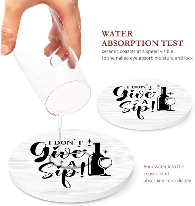 Britimes Coaster for Drinks Set of 6, Inspirational Motivational Phrase Absorbent Round Ceramic Stone Mat, with Cork Base and Metal Holder, Gift for Housewarming Room Bar Decor