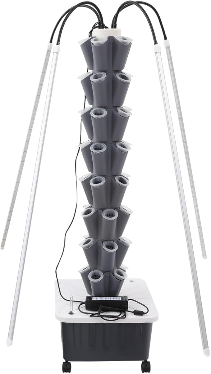 Hydroponic Growing Tower with Grow Lights, 40 Holes Vertical Planter Tower Hydroponics Growing System Kit with Wheels, for Fruits, Vegetables, Herbs and Miniature Greens (Gray)