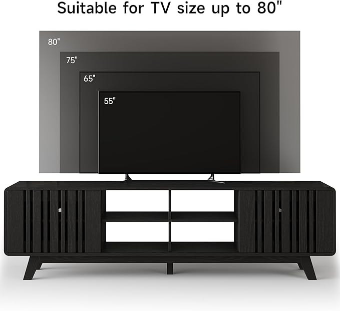 ONBRILL 70-Inch TV Stand for TVs up to 80 Inch, Mid-Century Modern Television Stand with Power Outlet， Entertainment Center with Sliding Grille Door Cabinets and Open Shelves for Living Room, Black