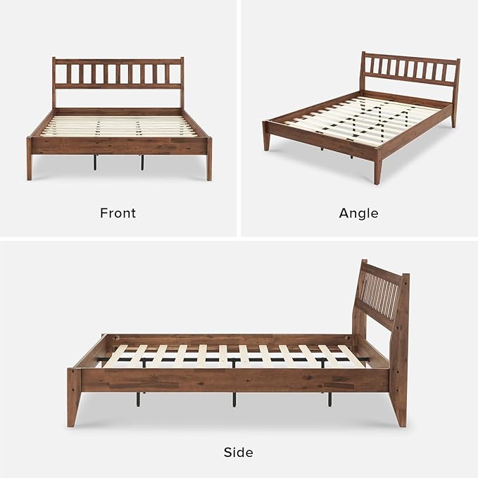 mopio Ted Bed Frame with Headboard, Mid Century Modern Acacia Solid Wood Platform Bed Frame, Wooden Slats, No Box Spring, Double Metal Bar Support (Solid Wood Slatted, Queen (U.S. Standard))