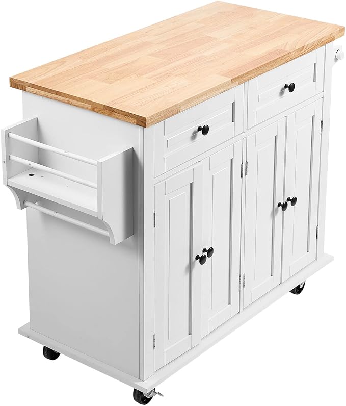 VEVOR Kitchen Island Cart with Solid Wood Top, 35.4" Width Mobile Carts with Storage Cabinet, Rolling Kitchen Table with Spice Rack, Towel Rack, and Drawer, Portable Islands on Wheels, White