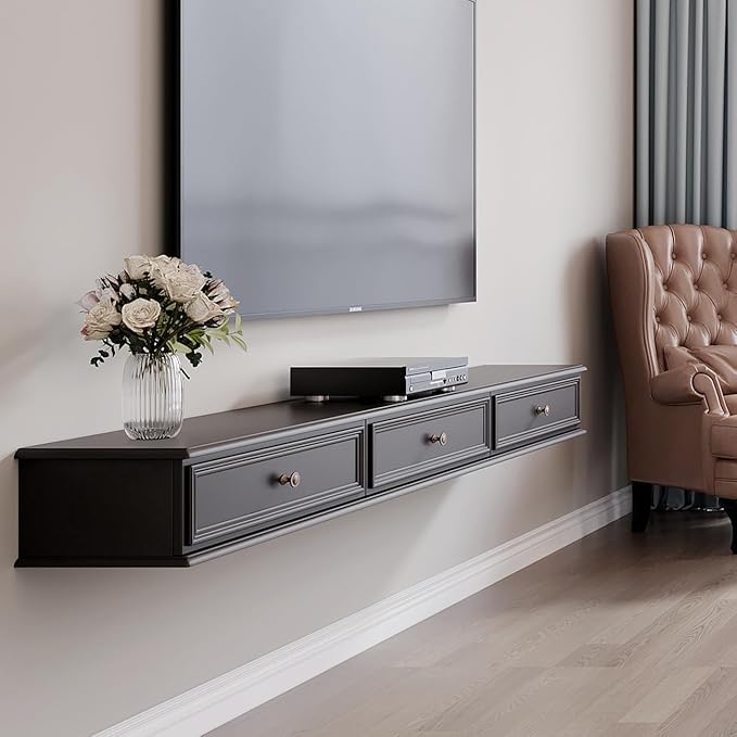 70-inch Wall-Mounted TV Stand, Accommodates 50- to 75-inch TVs, Features Hidden Cable Management, high Weight Capacity, and Space-Saving Black Floating TV Stand