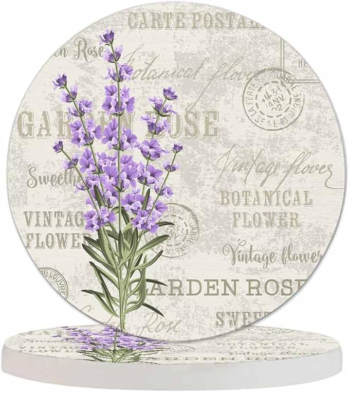 Lavender Flowers Coasters for Drinks 2 Pack Elegant Floral Leaf Plant Purple Bloom Bouquet Luxury Nature Tabletop Protection Kitchen and Coffee Table Décor & Accessories,Set of 2