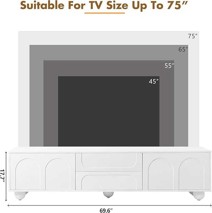 Merax Cream Style TV Stand with Arched Doors & 2 Drawers for TVs up to 75", Minimalist Media Console with Rebound Device, Entertainment Center with 5 Iron Round Legs for Living Room, Bedroom, White