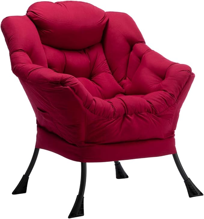 HollyHOME Modern Fabric Large Lazy Chair, Accent Oversized Comfy Reading Chair, Thick Padded Cozy Lounge Chair with Armrest, Steel Frame Leisure Sofa Chair for Living Room, Bedroom, Dorm, Burgundy