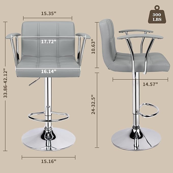 Bar Stools Set of 2,Armrest Adjustable Swivel Barstools with Back,Double Needle PU Leather Counter Height Bar Stools for Kitchen Island, Light Grey