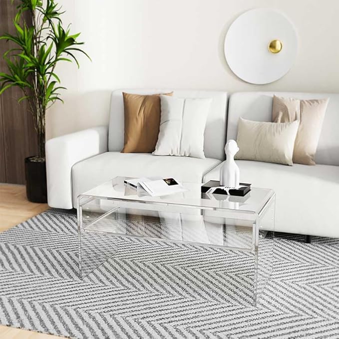 32inch Premium Clear Acrylic Rectangle Coffee Table with Storage Shelf for Living Room,Mid Century Transparent Waterfall Low Tea Table, Middle Size Table (32"x16"x16") Fit for 2 Seat Sofa