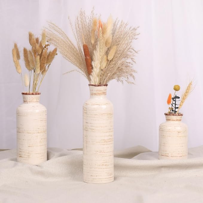 Ceramic Vase 3 Piece Set, Farmhouse Decor Ceramic Small Vases for Country Home, Decorative Vases for Centerpieces, Living Room, Table, Fireplace, Entryway and Modern Rustic Home Decor