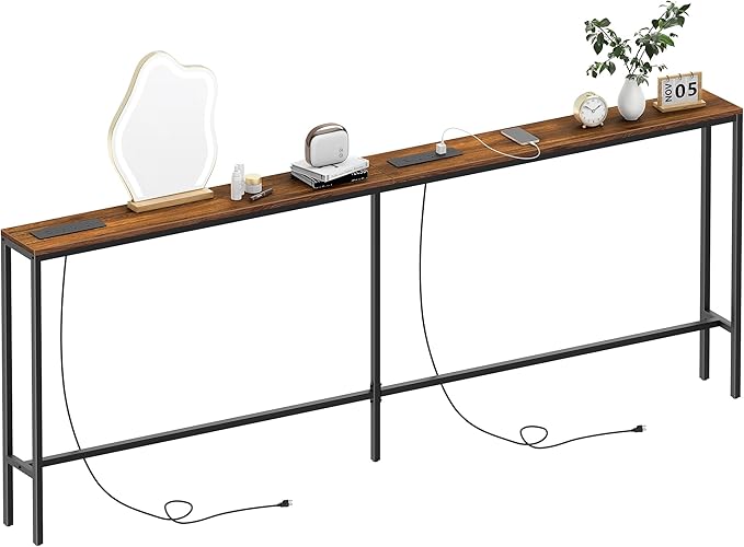 Narrow Sofa Table with 2 Power Outlets, 80.7” Thin Console Tables Narrow Long, Behind Couch Table Skinny, Wood Console Tables for Entryway, Living Room, Hallway, Foyer, Rustic Brown