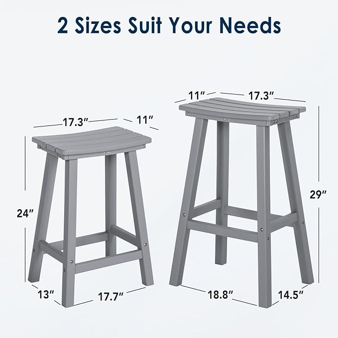 nalone 24 Inch Outdoor Bar Stools Set of 2, HDPE Bar Chairs with Footrest, Weather Resistant Barstools Outside Counter Height Stools for Patio Yard, Balcony (Grey, 24'' Barstools Set of 2)