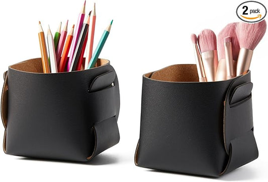 HOMIEAZICOZI 2-Pack Cork Leather Desk Accessories Storage - Pencil Pen Holder - Makeup Brush Holder Organizer - Stylish Addition to Home Decor (Black)