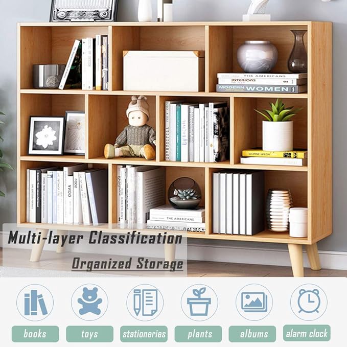 IOTXY Wooden Open Shelf Bookcase - 3-Tier Floor Standing Display Cabinet Rack with Legs, 10 Cubes Bookshelf, Pear Yellow