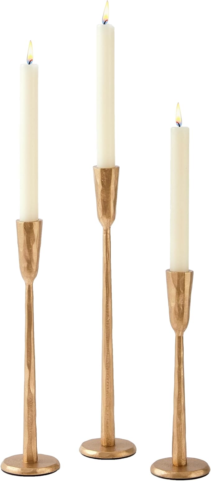 Brass Iron Taper Candle Holder Set of 3, Heavy Wrought Iron Candlestick Holders Decorative Candle Stand, Vintage Candle Holder for Wedding, Dining, Home Decoration