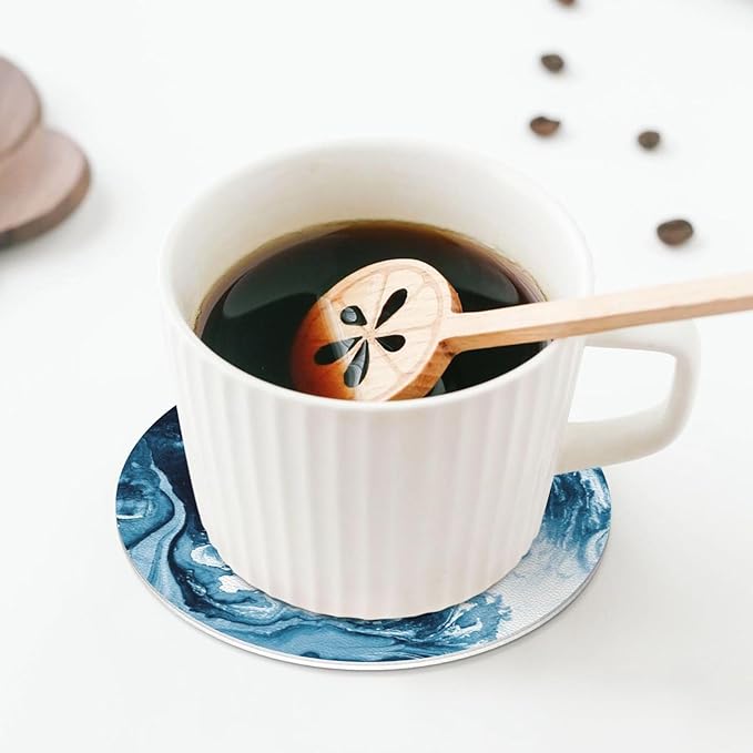 Blue Ocean Marble Coasters Set of 6 Coasters for Drinks Absorbent Double-Sided Leather PVC Coaster for Tabletop Protection Coffee Table Decor Ideal for Home Decor House Warming Gifts