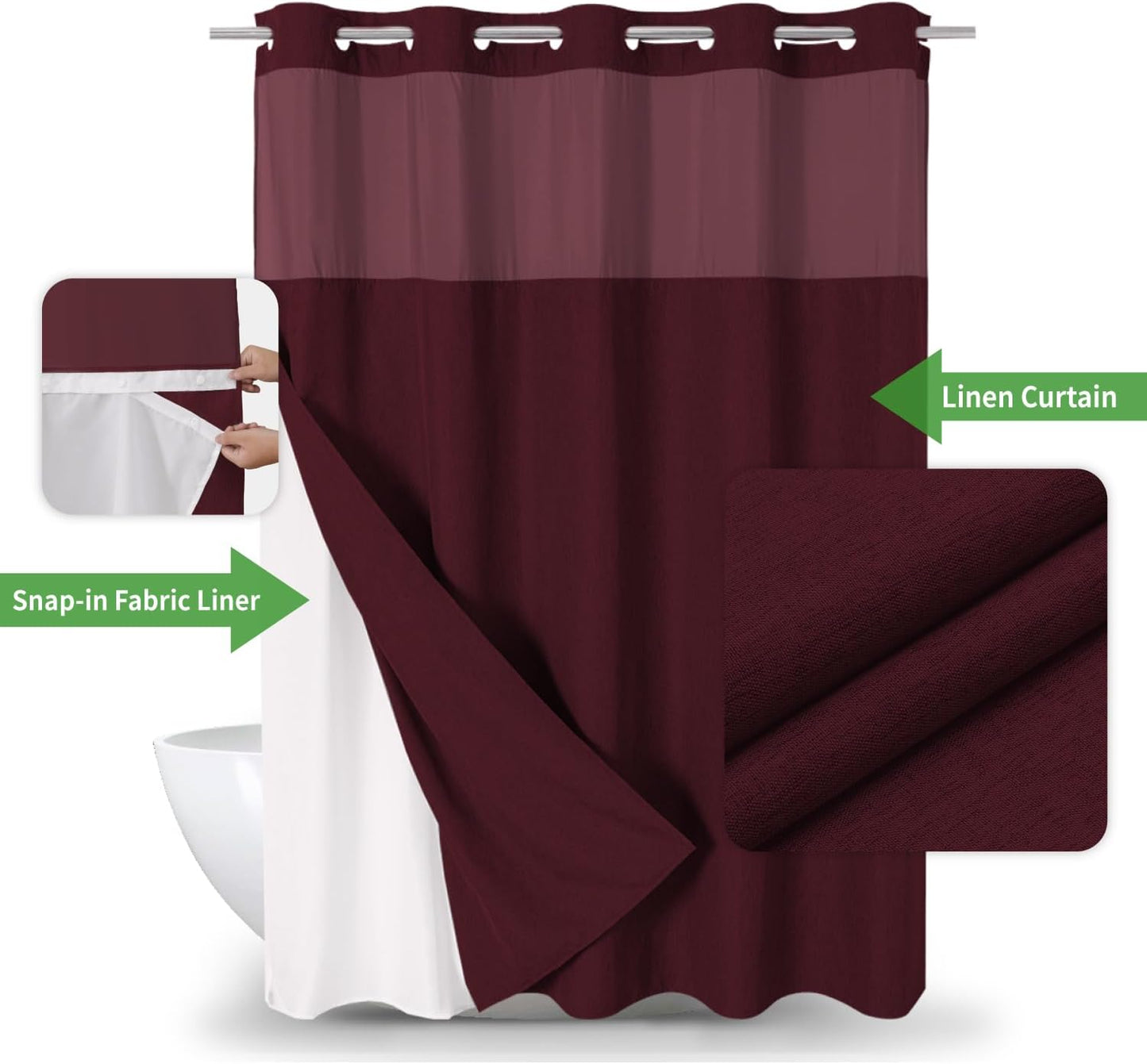 Long No Hooks Needed Linen Textured Shower Curtain with Snap-in Fabric Liner Set,Hotel Luxury Decor Shower Curtains for Bathroom,Waterproof & Washable,71Wx80H,Burgundy