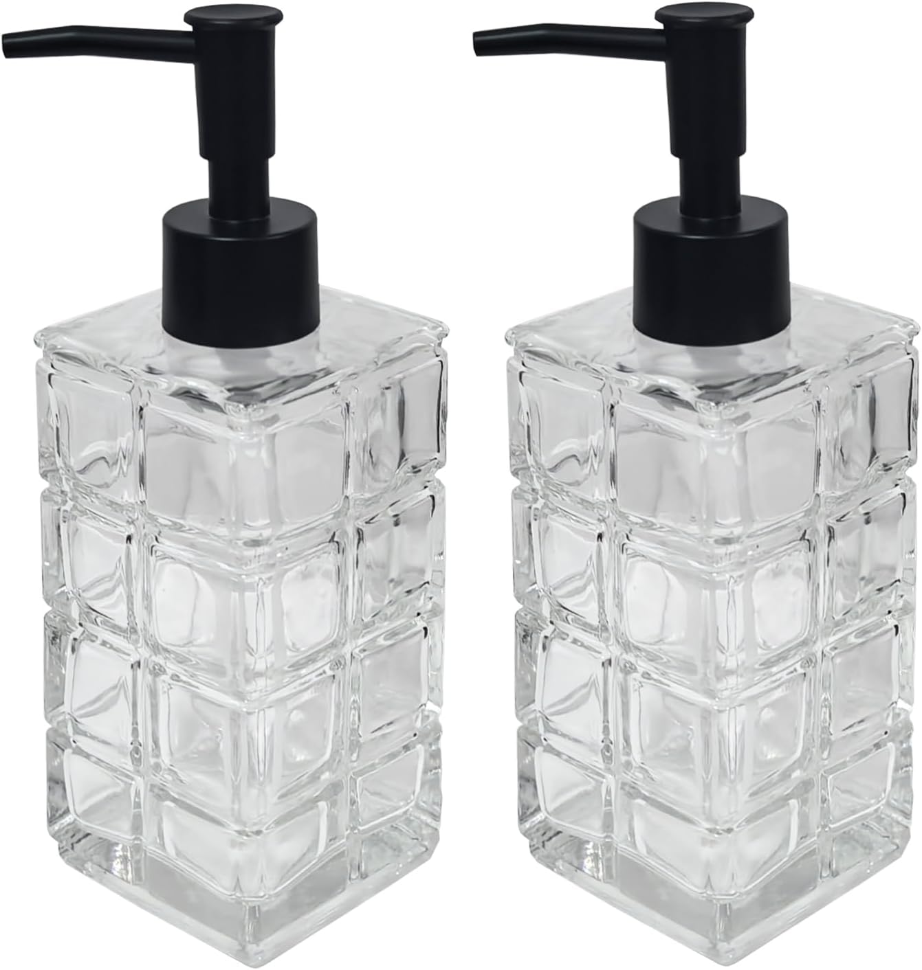 Clear Glass Soap Dispenser with Black Pump, 2 Pack 11oz Square Hand Dispenser, Refillable Lotion & Dish Soap, Bathroom Shower Gel