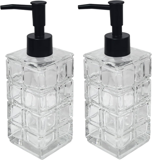 Clear Glass Soap Dispenser with Black Pump, 2 Pack 11oz Square Hand Dispenser, Refillable Lotion & Dish Soap, Bathroom Shower Gel