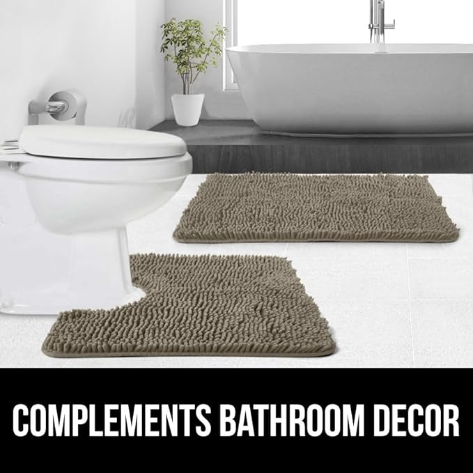 GORILLA GRIP Plush Absorbent Shaggy Chenille Bath Rug Mat for Square Toilet Base with Rubber Backing, Machine Washable Rugs, Soft Microfiber Contour Mats for Toilets, Bathroom Decor, Latte