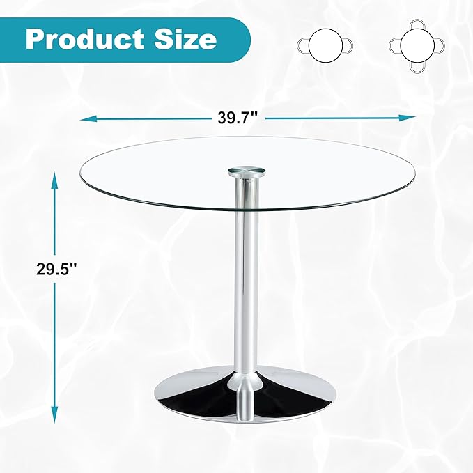 Dining Table for 4 Modern Round Glass Dining Table 39" Kitchen & Dining Room Tables with Metal Base and Glass Tabletop for Dining Room and Apartment, Silver