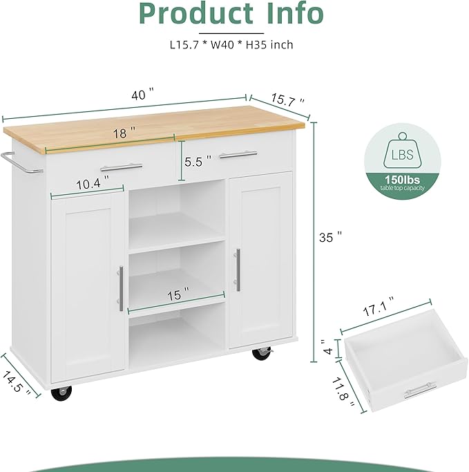 Shintenchi Kitchen Island with Storage, Kitchen Island Cart on Wheels with 3 Open Shelves, 2 Drawers and 2 Cabinets, Rolling Kitchen Table with Large Countertop, White