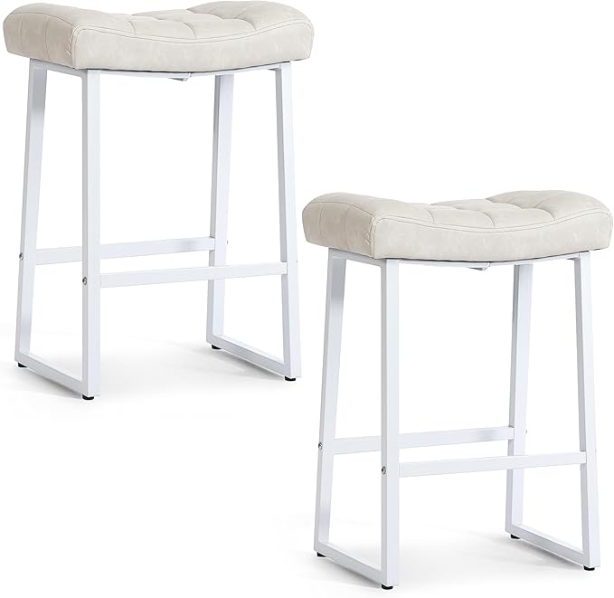 White & Beige Counter Height Bar Stools Set of 2 for Kitchen Counter Modern Backless Barstools with Upholstered Faux Leather Seat and Metal Frame Industrial 24 inch Bar Chairs