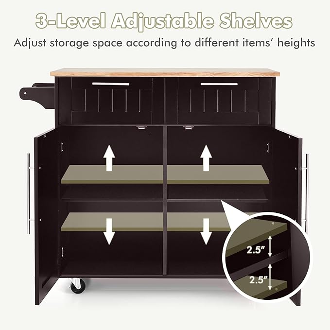 COSTWAY Kitchen Island on Wheels, Kitchen Cart with Side Towel Bar, 2 Drawers, 2 Door Cabinet, Rolling Storage Trolley Cart with Rubber Wood Top & Lockable Casters (Brown)