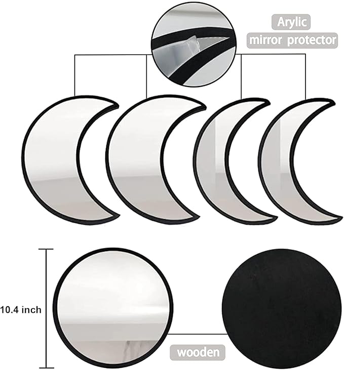 Stylish Moon Phase Wall Mirrors Set – 5-Piece Decorative Acrylic Bohemian Mirrors for Home Decor, Living Room & Bedroom Room(Black)