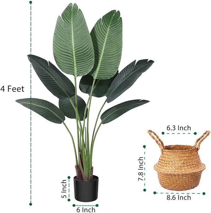 Artificial Bird of Paradise Plants 4 Ft Fake Tropical Palm Tree with 8 Trunks in Pot and Woven Seagrass Belly Basket Perfect Faux Plant for Home Indoor Outdoor Office Modern Decor Green 2Pc