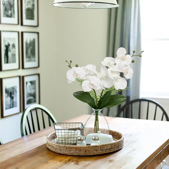White Orchids Artificial Flowers, Faux Orchid in Glass Vase Real Touch Small Phalaenopsis Orchid Flowers Arrangements with Clear Vase Orchid Centerpiece for Dining Room Table