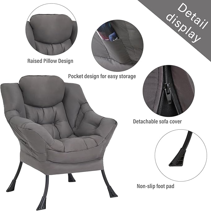 Welnow Lazy Chair for Living Room, Modern Reading Lounge Accent Chair with Armrests and a Side Pocket, Leisure Upholstered Lazy Sofa for Small Space, Bedroom, Dorm, Dark Grey