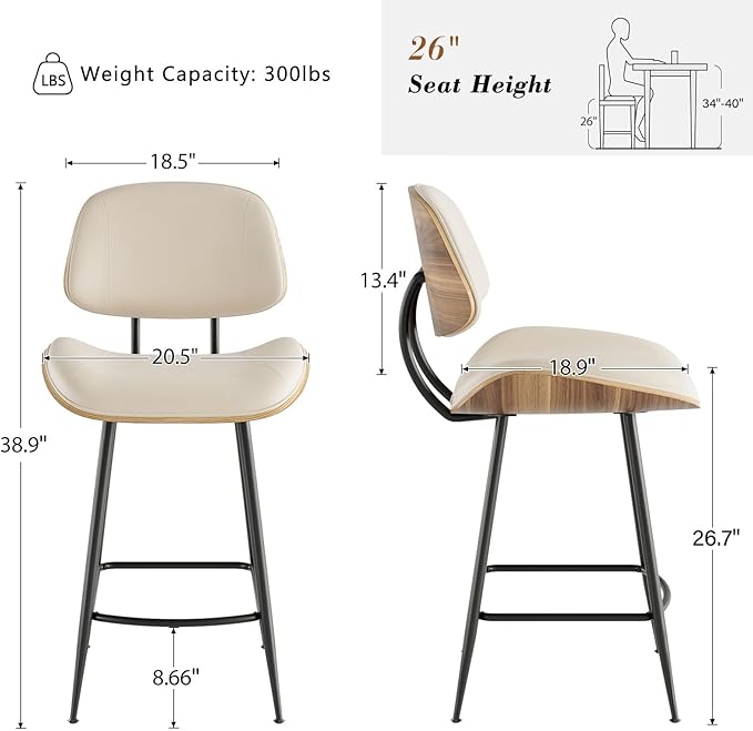Mid Century Modern Bar Stools Set of 3, PU Leather Counter Height Stools with Walnut Bentwood Back & Metal Legs, 26.7" Barstools Kitchen Island Chairs with Footrest for Home Bars, Beige
